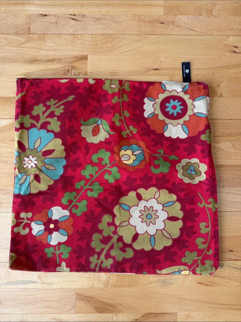Newport Red Floral Cotton Pillow Cover with Green and Blue Accents 18 x 18 in